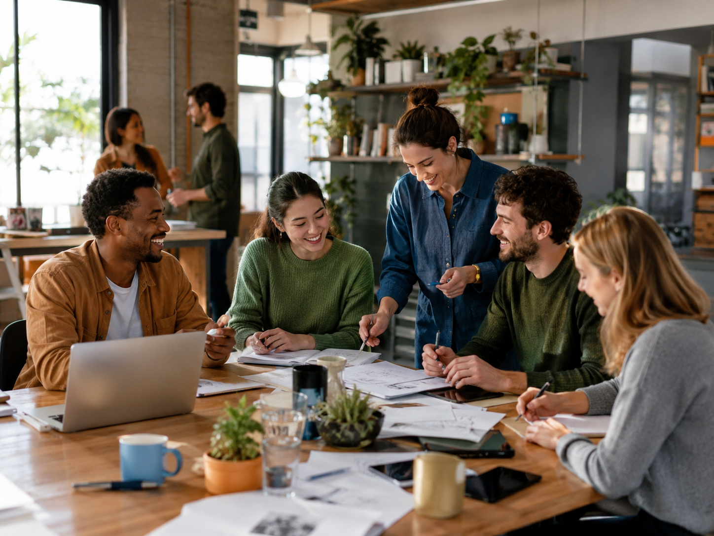7 Menschen arbeiten mit Freude an der Zukunft.
